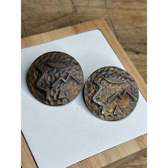 Vintage Brass Round Earrings With Geometric Tribal Design - Picture 3 of 6